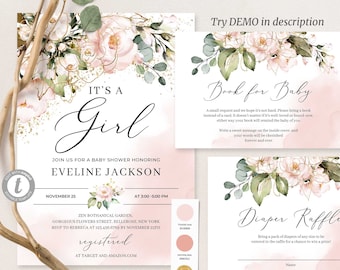 It's a Girl Baby Shower Invitation Template, Pink and Gold Editable invitation Blush Pink Floral Baby Shower Invite, Printable Boho CANVA #7