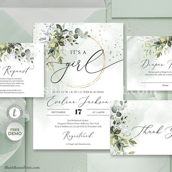 It's A Girl Invitation Template Greenery Boho Baby Shower | Etsy