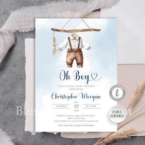 Watercolor Blue and Brown Boy Baby Formal Outfit Clothes Invitation Template Oh Boy Baby Shower Clothesline Invite Neutral Editable Minimal