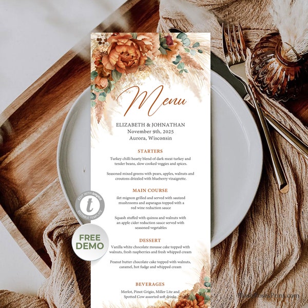 Terracotta Wedding Menu Template, Editable Boho Tropical Menu, INSTANT DOWNLOAD, Burnt Orange Copper Menu, Pampas Grass Dried Palm #147