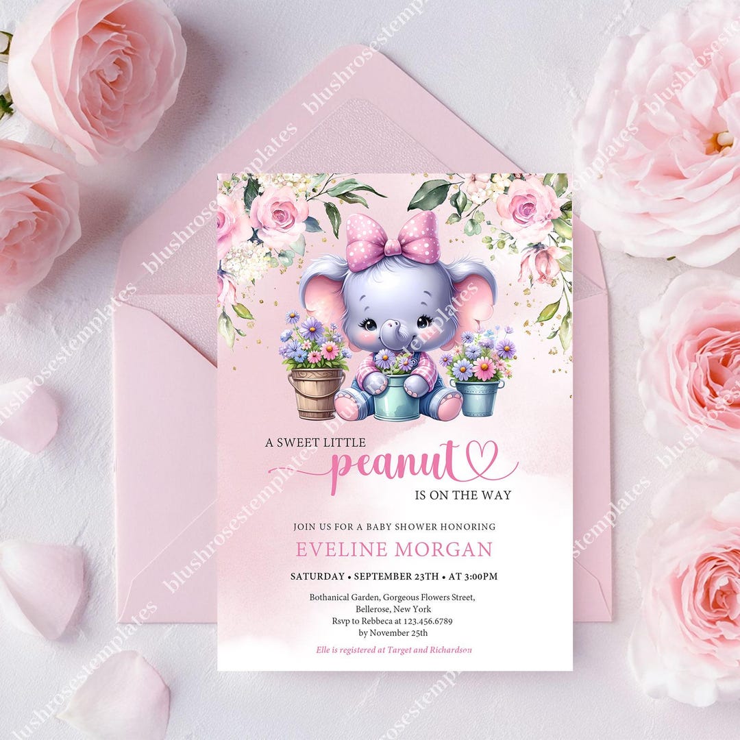 Editable Little Peanut Elephant Girl Baby Shower Invitation Template ...