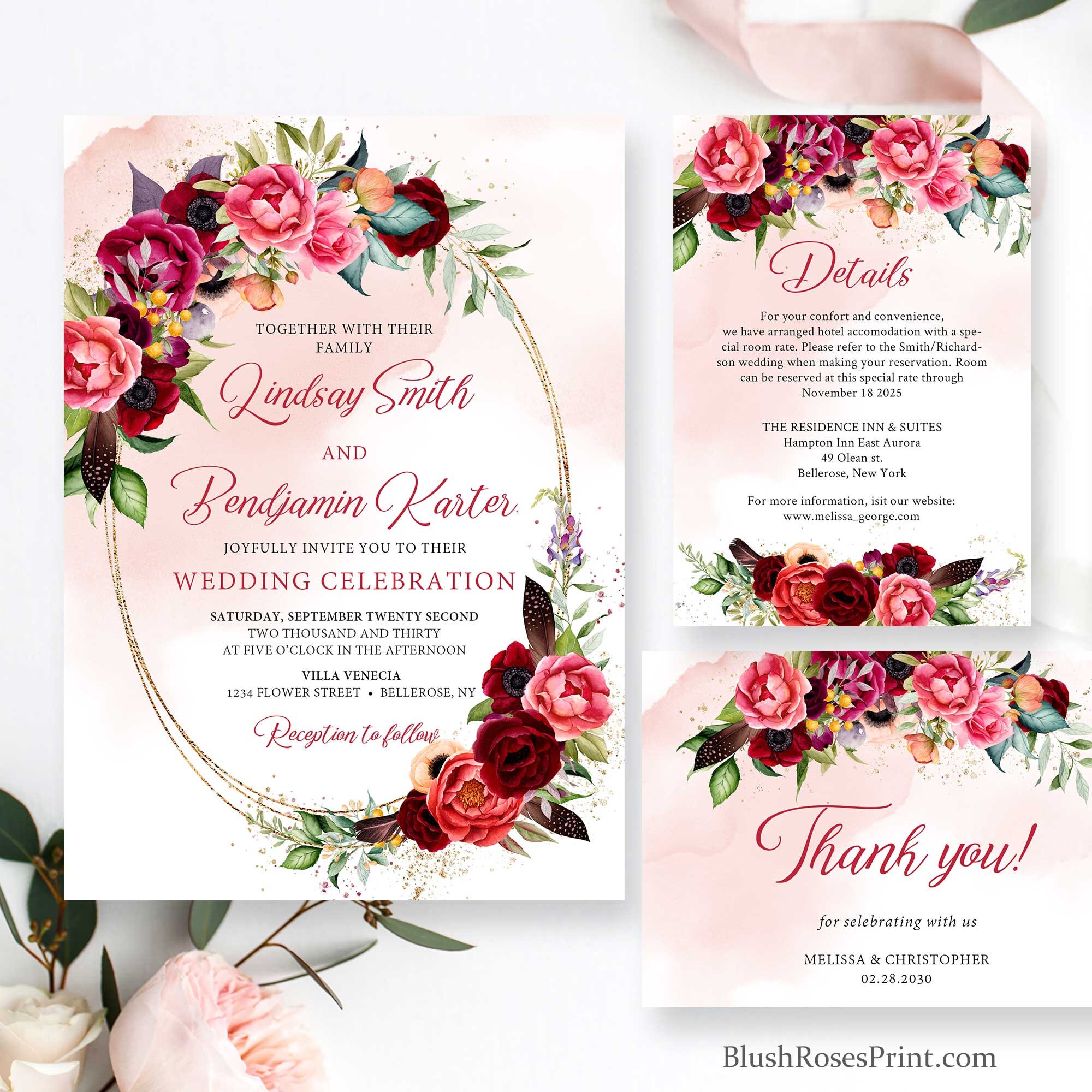 Maroon Blush Pink Floral Wedding Suite Wedding Invitation | Etsy
