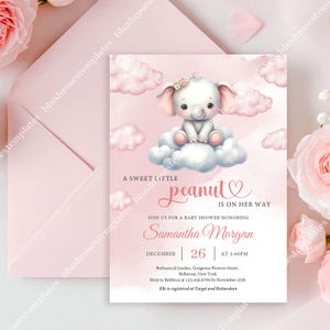 A Sweet Little Peanut Girl Baby Shower Invitation Template, Editable PDF Adobe Reader Cute Baby Elephant on Cloud Pink Theme DOWNLOAD