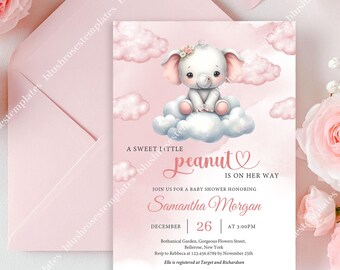 A Sweet Little Peanut Girl Baby Shower Invitation Template, Editable PDF Adobe Reader Cute Baby Elephant on Cloud Pink Theme DOWNLOAD