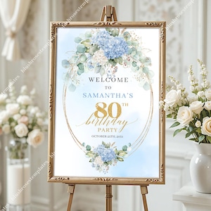 May include: A framed sign on a wooden easel. The sign has a light blue background with floral accents and gold text that reads "Welcome to Samantha's 80th Birthday Party, October 25th, 2031."