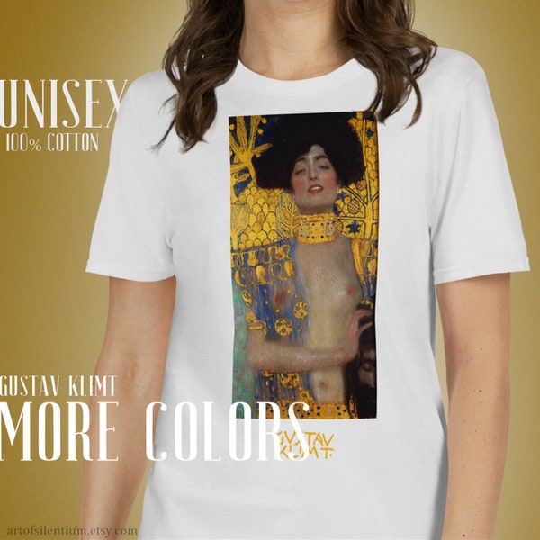 T-shirt unisex Judith, t-shirt Gustav Klimt, t-shirt estetica, t-shirt arte storica, Giuditta e la testa di Oloferne, t-shirt d'arte gialla