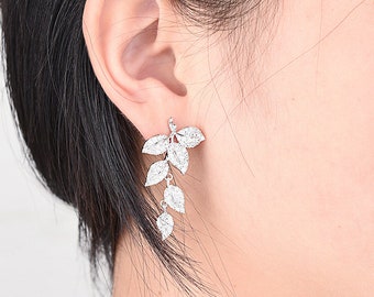 Handmade Jewelry leaf earrings crawler earrings, 925 silver Ear Climber, Bridal Earrings,Bridesmaid  Gifts-CZ Earrings