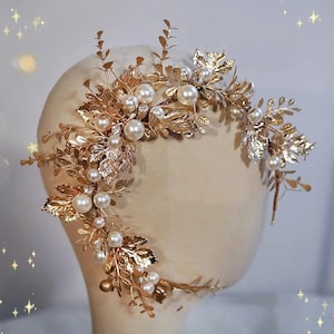 Handmade Jewelry Gold Baroque Headbands-Gold Pearls Leaf -Bridal Headpieces-Wedding luxury hairstyles