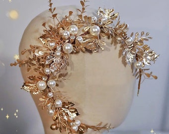 Handmade Jewelry Gold Baroque Headbands-Gold Pearls Leaf -Bridal Headpieces-Wedding luxury hairstyles