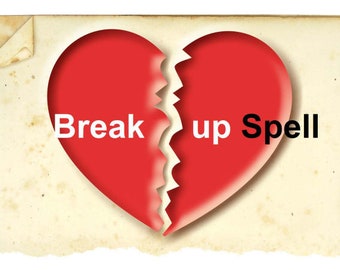 May include: A red heart is broken in half with the words "Break" and "up Spell" written on each side. The heart is on a vintage, cream-colored background.