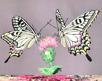 Artwork butterflies on pink thistle flower , Butterflies Mixed technique