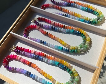 Summery Bright Gemstone Necklace, Colorful Beaded Rainbow Ombré, Hand Knotted