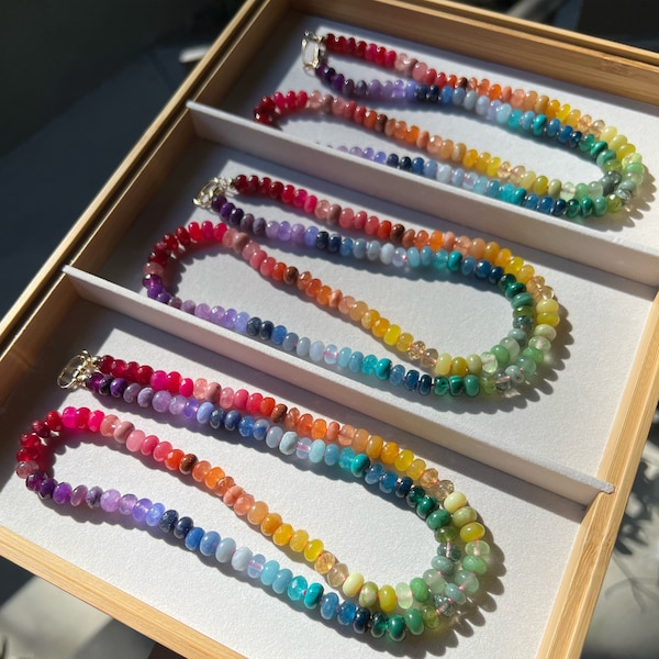 Summery Bright Gemstone Necklace, Colorful Beaded Rainbow Ombré, Hand Knotted