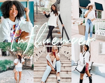 May include: A collage of six images featuring women in various outfits. The word "Influencer" is written across the images in a cursive font. The women are wearing a variety of clothing, including jeans, shorts, and tops.
