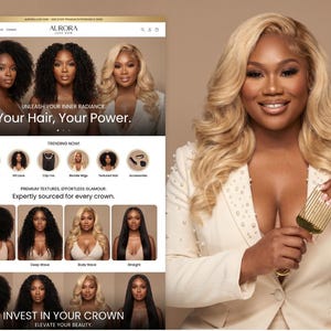 May include: A website interface for Aurora Luxe Hair featuring various hair textures and styles, alongside a photograph of a person with long blonde wavy hair wearing a cream-colored blazer with pearl embellishments and holding a gold hair pick.