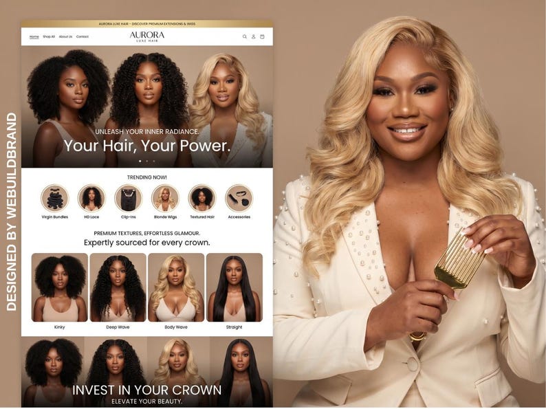May include: A website interface for Aurora Luxe Hair featuring various hair textures and styles, alongside a photograph of a person with long blonde wavy hair wearing a cream-colored blazer with pearl embellishments and holding a gold hair pick.