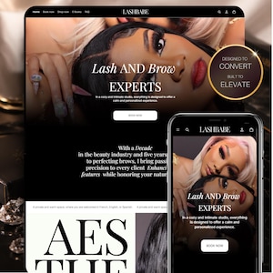 Op de afbeelding: Een website-interface voor Lashbabe weergegeven op een desktopscherm en een mobiele telefoon. Het ontwerp bevat de tekst Lash AND Brow EXPERTS, DESIGNED TO CONVERT BUILT TO ELEVATE en BOOK NOW, naast afbeeldingen van personen met gestylde wimpers en wenkbrauwen.