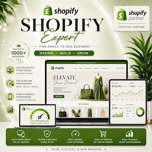 May include: A Shopify Expert promotional graphic featuring a laptop, tablet, and monitor displaying e-commerce store analytics, performance metrics, and web design services. The layout includes text such as Shopify Expert, Trusted by 1000+ Businesses, and various icons representing store design, speed, and mobile responsiveness.