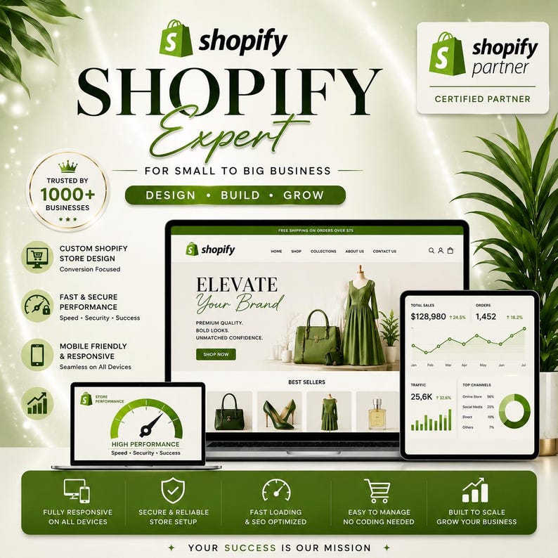 May include: A Shopify Expert promotional graphic featuring a laptop, tablet, and monitor displaying e-commerce store analytics, performance metrics, and web design services. The layout includes text such as Shopify Expert, Trusted by 1000+ Businesses, and various icons representing store design, speed, and mobile responsiveness.