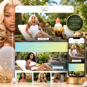 May include: A website interface for Blanca Cortes featuring a gold crown, a product bottle labelled Hold Down, and images of individuals in white clothing on lounge chairs. The text includes Every Queen Needs A Crown, Raw Cambodian, and Vacation Hair.