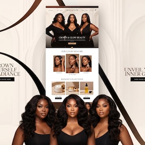 May include: A digital interface for Crown & Glow Beauty featuring three individuals in black tops, with text reading Crown Yourself in Radiance, Unveil Your Inner Glow, Our Luxury Skincare, and Radiant Collections, showcasing skincare products.