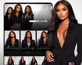 May include: A website mockup for a hair extensions business. The website features a black and white color scheme with a modern design. The website's header reads "Welcome to the Palace for Queens".
