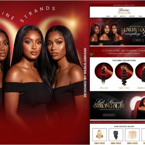 May include: A digital marketing banner for Divine Strands featuring three individuals with long, straight black hair wearing black off-the-shoulder tops. The layout includes a website interface displaying hair bundles, text reading Luxury Looks & Everyday Glam, and featured collections of straight, body wave, and Burmese curly hair textures.
