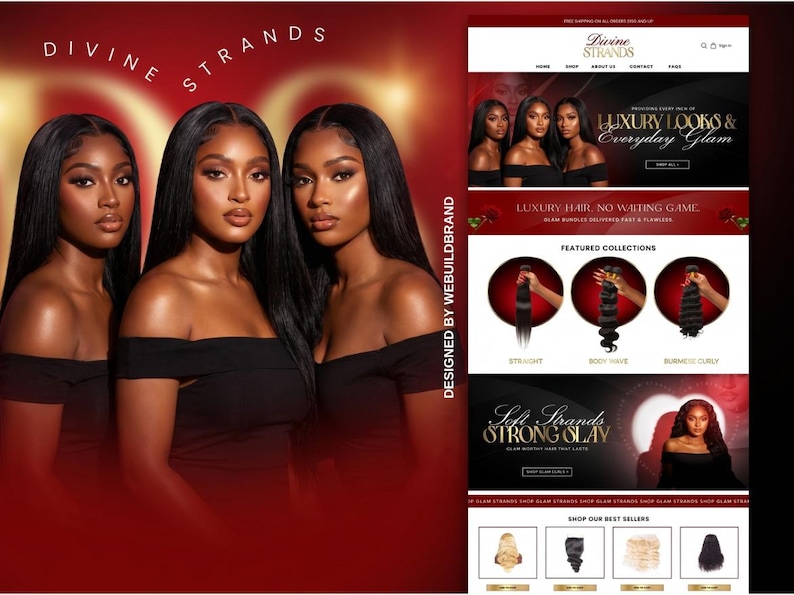 May include: A digital marketing banner for Divine Strands featuring three individuals with long, straight black hair wearing black off-the-shoulder tops. The layout includes a website interface displaying hair bundles, text reading Luxury Looks & Everyday Glam, and featured collections of straight, body wave, and Burmese curly hair textures.