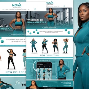 May include: A website layout for Nova Athletics featuring teal athletic apparel. The page displays various images of individuals wearing matching teal sports bras, leggings, and zip-up jackets, alongside text headers like Welcome to Nova Athletics.
