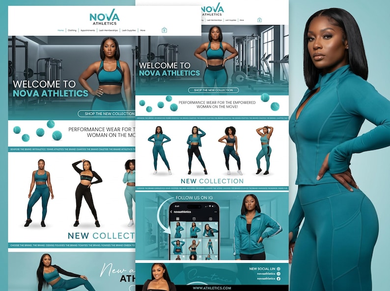 May include: A website layout for Nova Athletics featuring teal athletic apparel. The page displays various images of individuals wearing matching teal sports bras, leggings, and zip-up jackets, alongside text headers like Welcome to Nova Athletics.