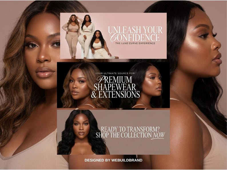 May include: A promotional graphic featuring three horizontal panels with images of individuals wearing beige shapewear sets. Text includes UNLEASH YOUR CONFIDENCE, THE LUXE CURVE EXPERIENCE, PREMIUM SHAPEWEAR & EXTENSIONS, and READY TO TRANSFORM? SHOP THE COLLECTION NOW.