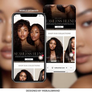 May include: A mobile phone screen displaying a website for Mellure hair extensions. The interface features the text Seamless Blend, Shop Our Collections, Burmese Curly Wave, and Pure. The design includes photographs of individuals with various hair textures.
