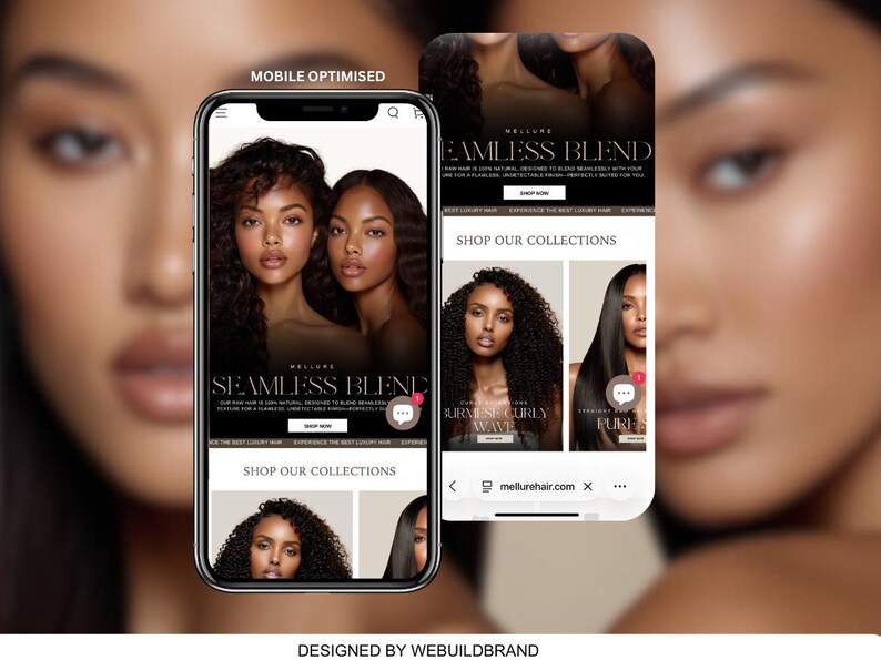May include: A mobile phone screen displaying a website for Mellure hair extensions. The interface features the text Seamless Blend, Shop Our Collections, Burmese Curly Wave, and Pure. The design includes photographs of individuals with various hair textures.