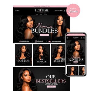 May include: A website interface for Luxe Hair Collection featuring black backgrounds with pink text. The layout displays images of individuals with long dark hair, showcasing categories like Premium Bundles, HD Lace Wigs, and Frontals Closures.