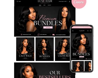 Shopify Hair Website Design, Editable Canva Website Hair Banners, Shopify Theme Hair Banners, Premade Shopify Website, Hair Website Template