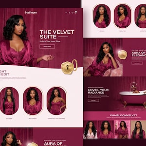 May include: A digital marketing layout for Hairloom featuring a deep burgundy color palette. The design includes multiple photographs of a person in a satin robe, a gold wax seal icon, and text elements such as The Velvet Suite and Aura of Elegance.