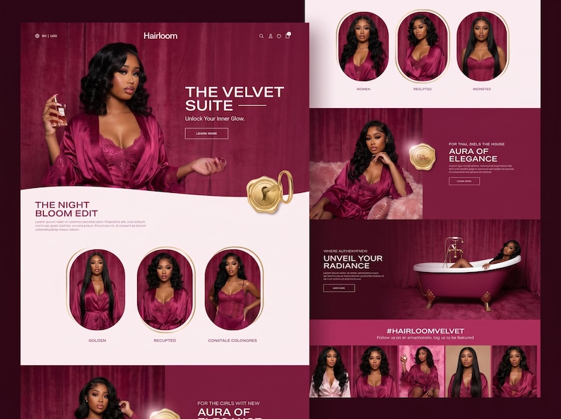 May include: A digital marketing layout for Hairloom featuring a deep burgundy color palette. The design includes multiple photographs of a person in a satin robe, a gold wax seal icon, and text elements such as The Velvet Suite and Aura of Elegance.