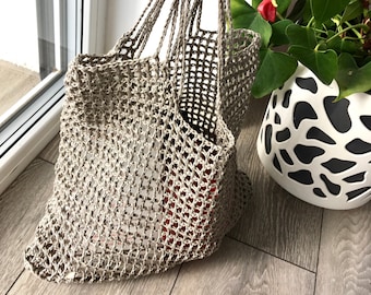 Natural linen mesh bag, Organic net bag, Storage, Grocery, Farmers market, Beach bag, Handmade, Reusable Washable