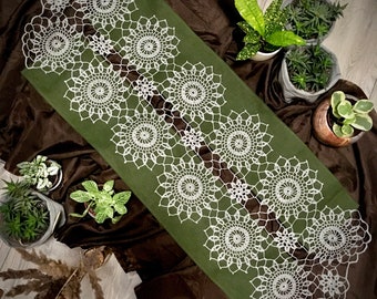 Handmade linen table runner, 100% linen, Handmade crochet lace, Green khaki/Beige/Grey + natural linen color