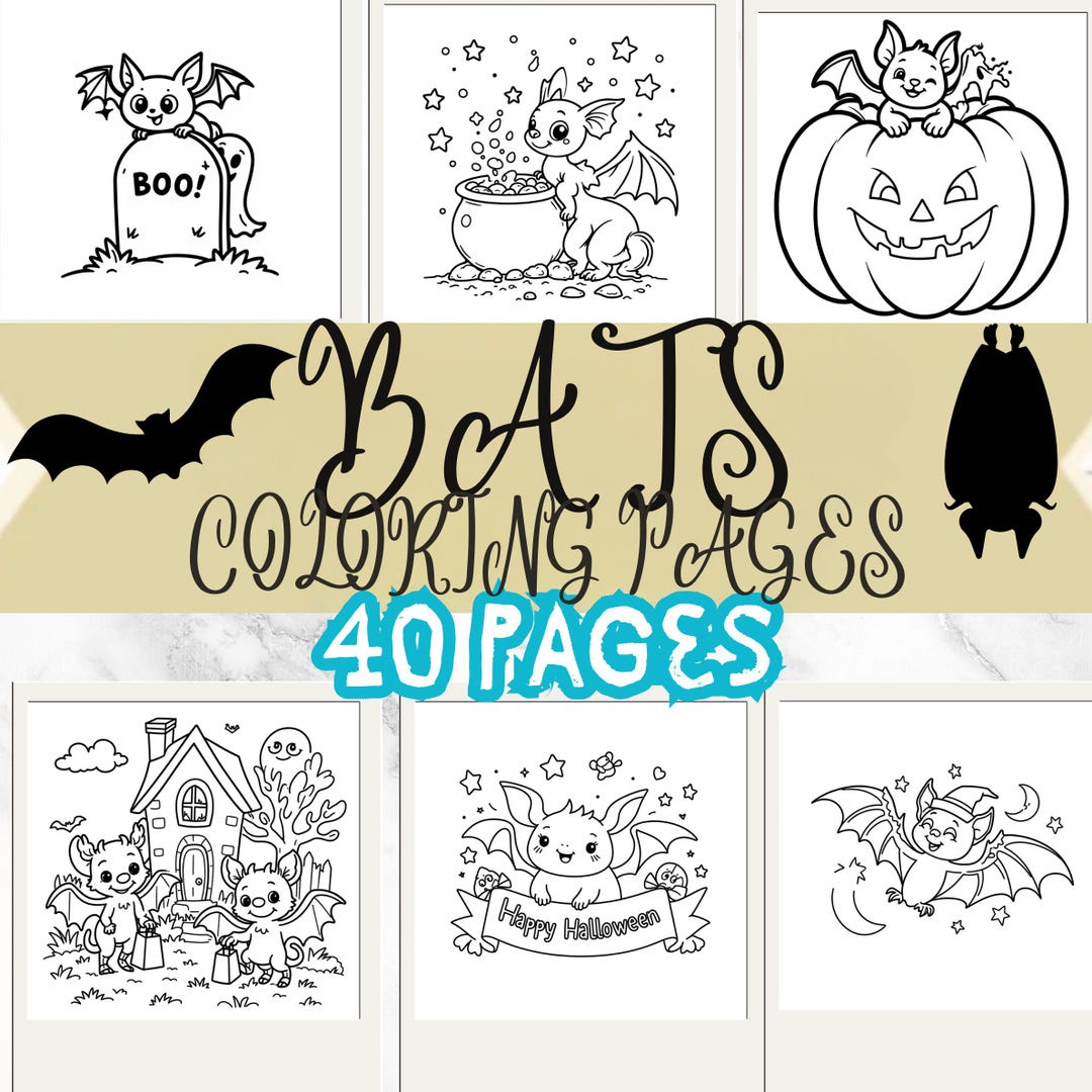 Bat Coloring Pages: Halloween Kids Activity (PDF Download, 40 Pages - Etsy