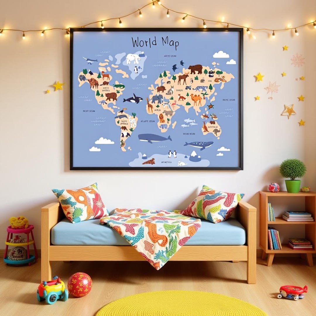 Cute World Map Printable Nursery Wall Art | Kids Room Decor | Digital ...