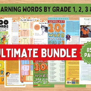 May include: A collection of educational materials for kids, including workbooks and posters. The title "Learning Words by Grade 1, 2, 3 & 5" is displayed at the top. The bundle includes over 850 pages of learning resources. The words "Ultimate Bundle" are prominently featured.