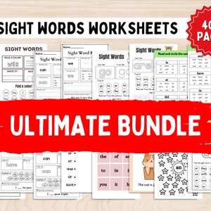 May include: A collection of sight words worksheets with the text "SIGHT WORDS WORKSHEETS" at the top. The worksheets are black and white and feature various activities. A red banner reads "ULTIMATE BUNDLE" and a red circle says "400+ PAGES".
