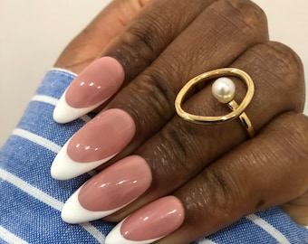 White French Tip Oval Press On Nails | Reusable, Customizable