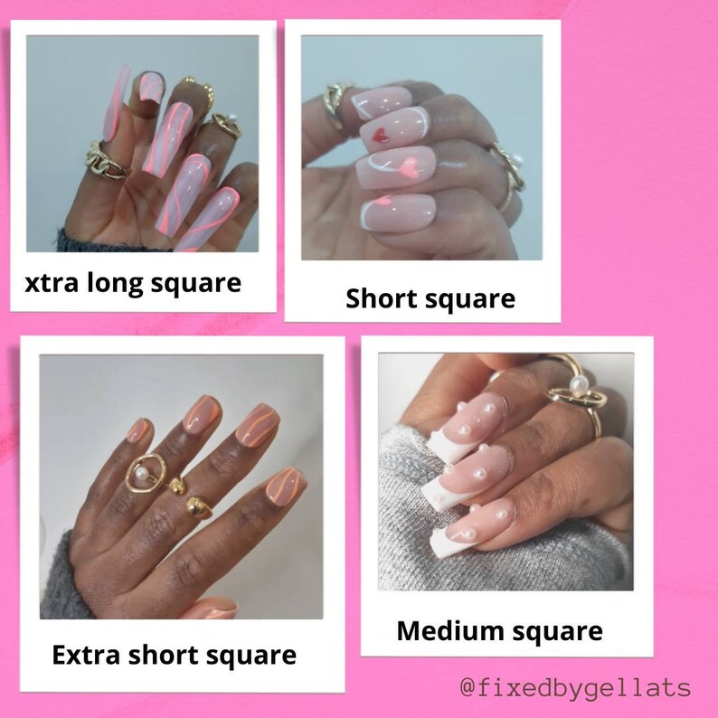 May include: Four images displaying various nail designs. The first shows extra long square nails with a pink and white design. The second shows short square nails with hearts. The third features extra short square nails with orange stripes. The fourth shows medium square nails with white tips and pearls.