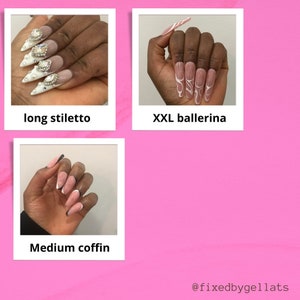 May include: Three sets of artificial nails are shown. The first set is long stiletto shaped, with white tips, rhinestones, and pearl accents. The second set is XXL ballerina shaped, with a nude base and white swirl design. The third set is medium coffin shaped, with a pink base and white and black tips.
