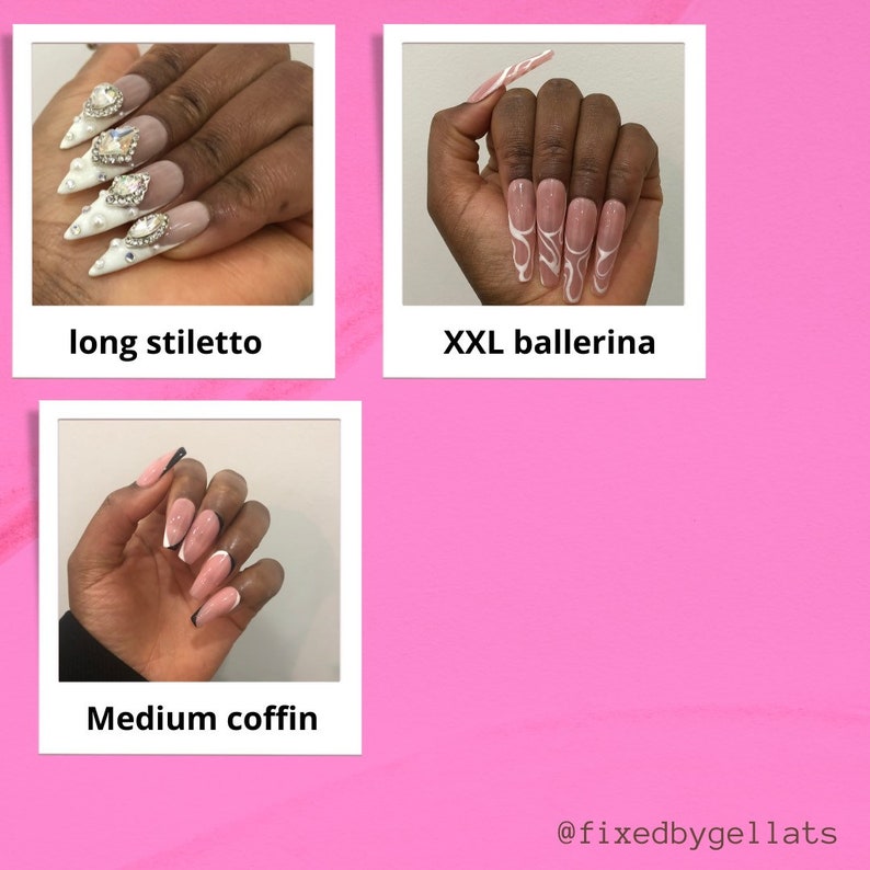 May include: Three sets of artificial nails are shown. The first set is long stiletto shaped, with white tips, rhinestones, and pearl accents. The second set is XXL ballerina shaped, with a nude base and white swirl design. The third set is medium coffin shaped, with a pink base and white and black tips.