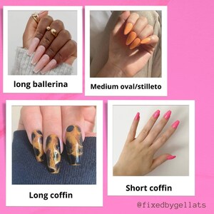 May include: Four images displaying various nail designs. The top left shows long ballerina nails with a French manicure. The top right displays medium oval/stiletto nails in orange. The bottom left features long coffin nails with a marbled effect. The bottom right shows short coffin nails in pink.