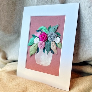 Flower pot needlework frame. Hand made decor, wall art on mounted board with back. Hand painted with hand embroidery.