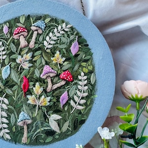 Wild meadow needlework frame. Hand made wall decor, wall art in round frame. Hand painted mushroom embroidery. House warming gift wall art